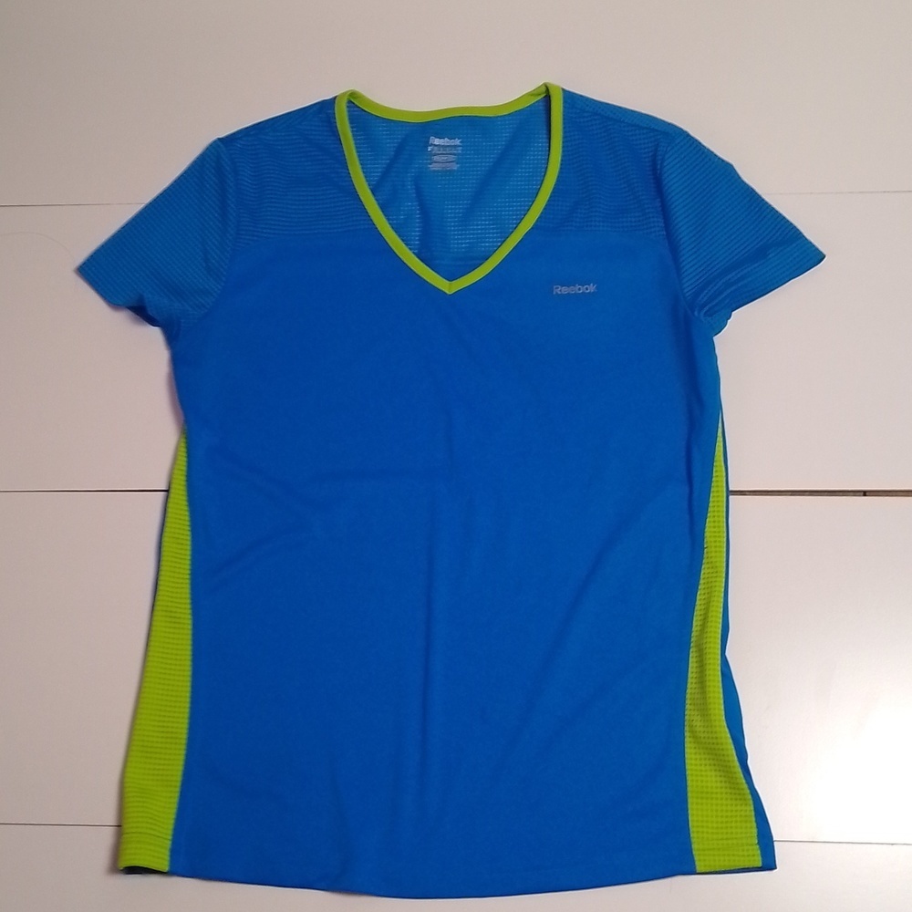 Bright blue and green athletic Reebok t-shirt.  Size medium mesh shoulders